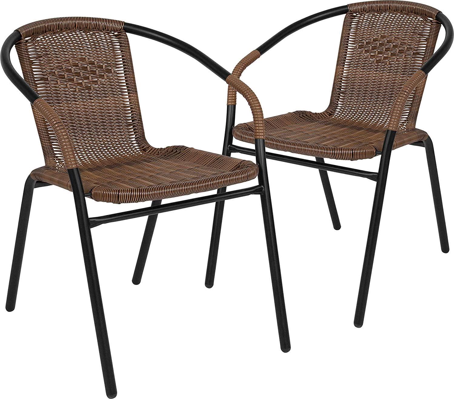 EMMA + OLIVER 2 Pack Medium Brown Rattan Indoor-Outdoor Restaurant Stack Chair-