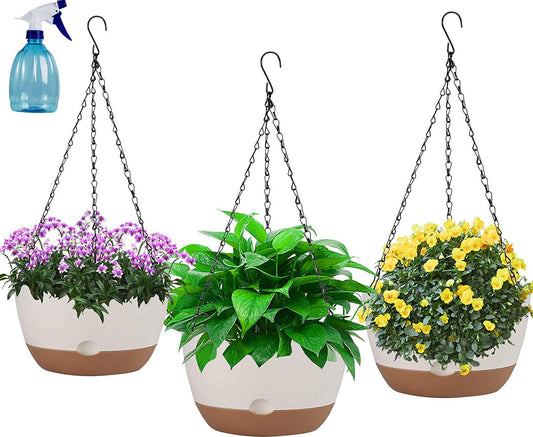 EURCRBU 3 Pack Hanging Planters for Outdoor Indoor Plants, 8.3 Inch Plastic Hanging Flower Pots for Outside, Outdoor Hanging Planter with Drainage Holes and Removable Saucer for Garden Home (Beige)-