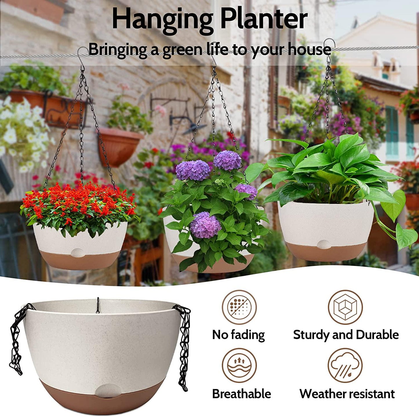 EURCRBU 3 Pack Hanging Planters for Outdoor Indoor Plants, 8.3 Inch Plastic Hanging Flower Pots for Outside, Outdoor Hanging Planter with Drainage Holes and Removable Saucer for Garden Home (Beige)