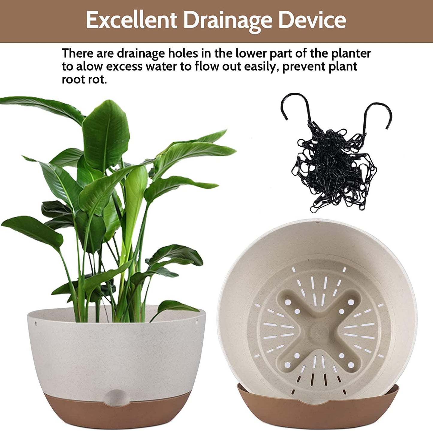 EURCRBU 3 Pack Hanging Planters for Outdoor Indoor Plants, 8.3 Inch Plastic Hanging Flower Pots for Outside, Outdoor Hanging Planter with Drainage Holes and Removable Saucer for Garden Home (Beige)