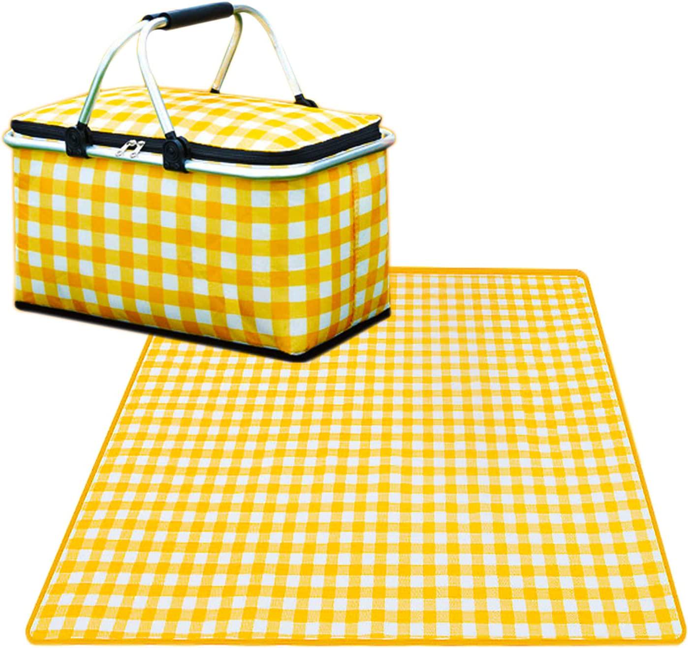 EZUNSTUCK Insulated Picnic Basket + Blanket Set for Family, 30L Large Capacity, Four Layers of Insulation, 2x2m Mat, Accommodates 4-8 People-