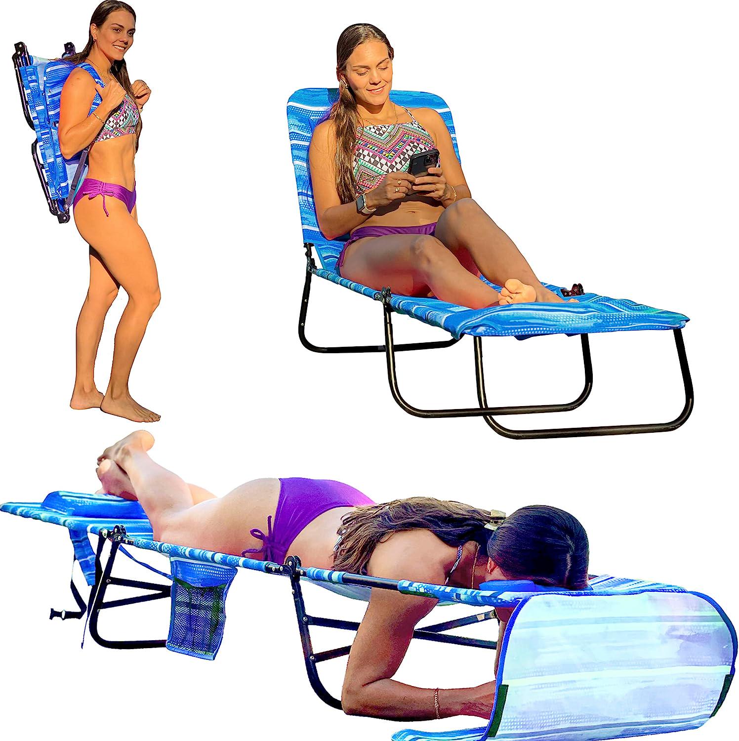 EasyGo Product Backpack Beach Patio Lounger Chair Face and Arm Holes 2 Legs Support Polyester Material Multiple Backrest Positions Head Rest Pillow PATENTS Pending, 1 Pack, 1 Economy Blue-