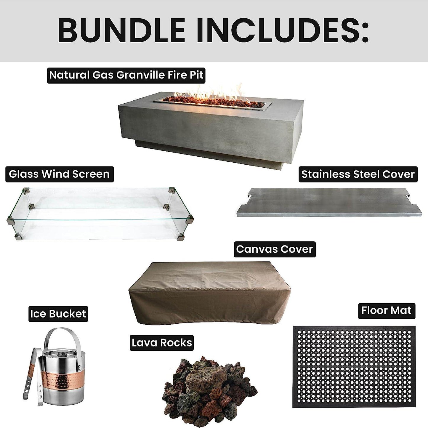 Granville Fire Pit Bundle Outdoor Firepit Set Includes 60 Natural Gas Concrete Firepit Table, Glass Windscreen, Stainless Steel Cover, Canvas Cover, Floor Mat, Ice Bucket