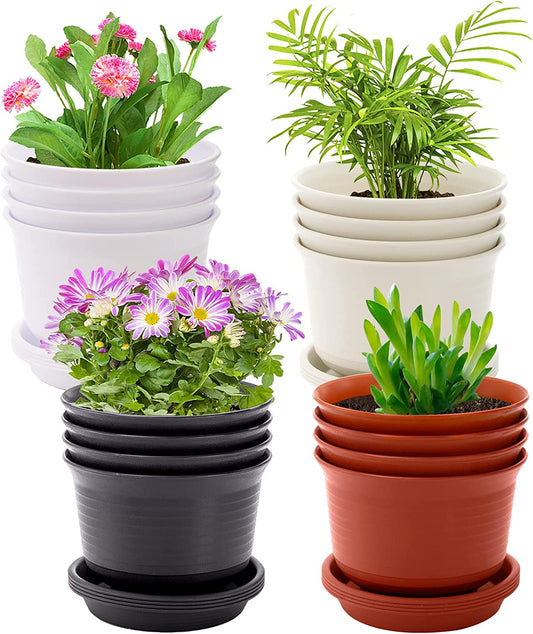 Elsjoy Set of 16 Plastic Planter Pots with Drainage Saucer, 6 Inch Flowers Pot Decorative Plant Pots for Succulents, House Plants, Garden, 4 Colors-