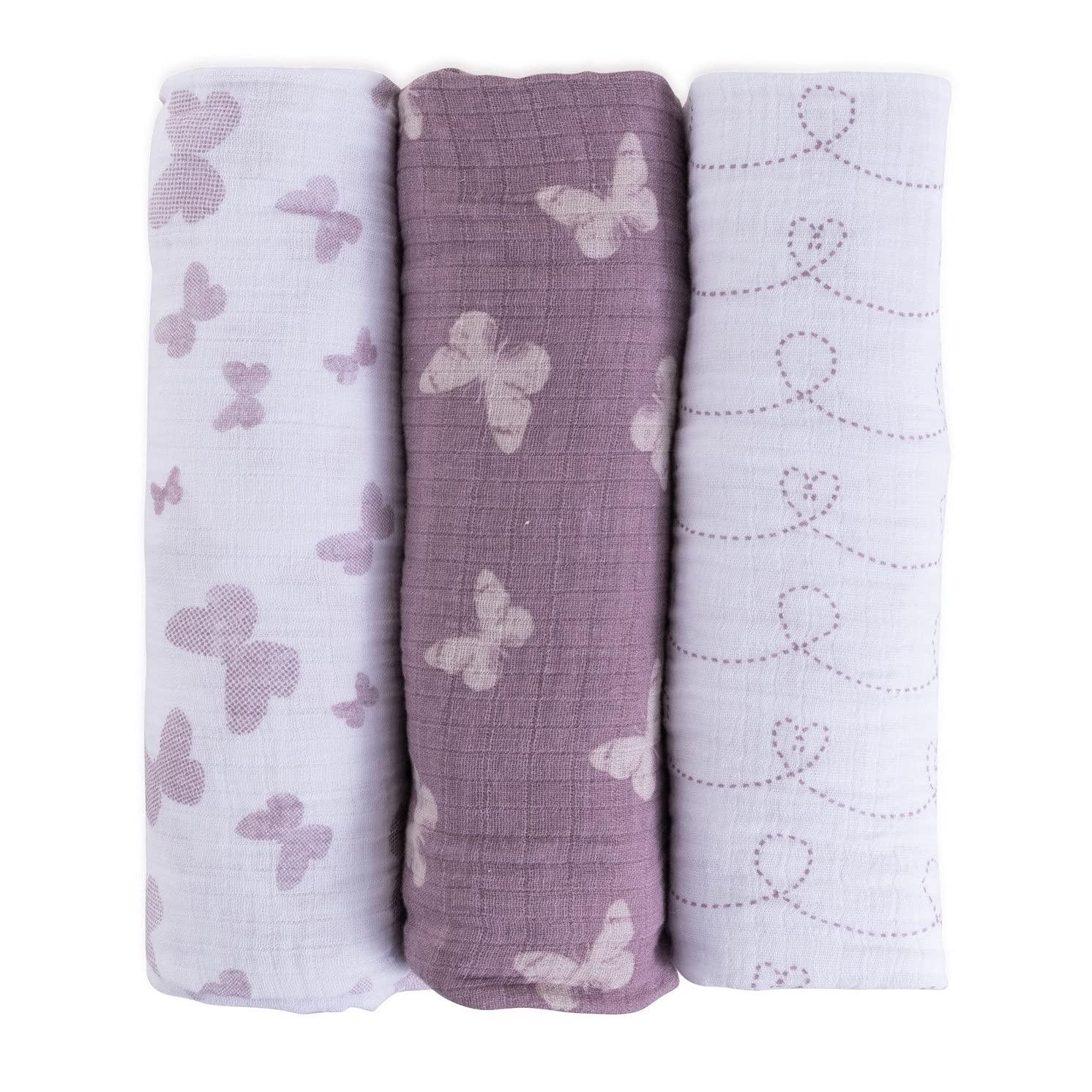 Ely's and Co. Muslin Swaddle Blanket 100% Soft Muslin Cotton 3 Pack 47 x 47 (Lavender Butterfly)-