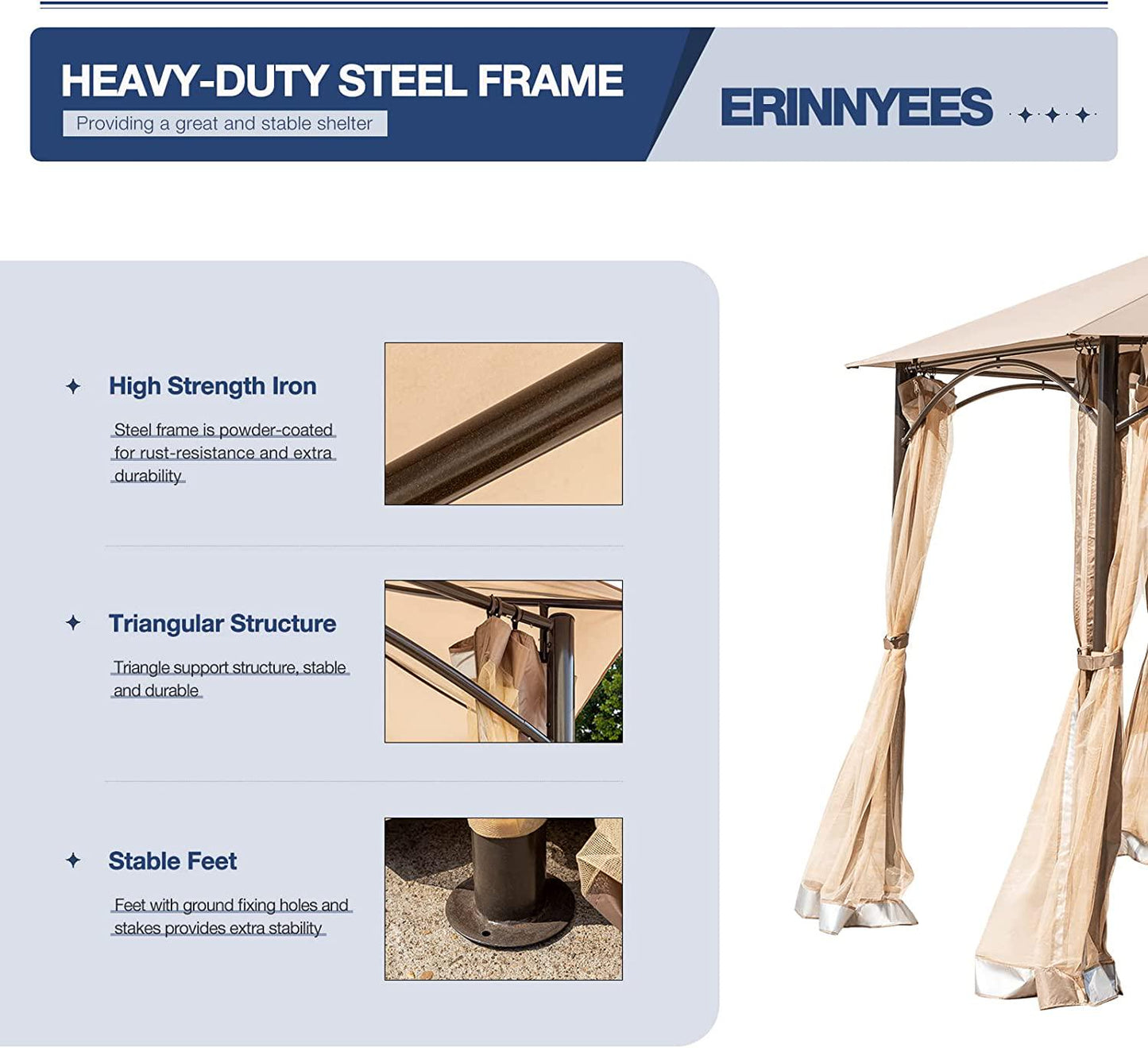 Erinnyees 11'x11' Outdoor Canopy Gazebo, Patio Hexagonal Gazebo with Mosquito Netting, Canopy Tent with Waterproof Double Roof Tops and Steel Frame