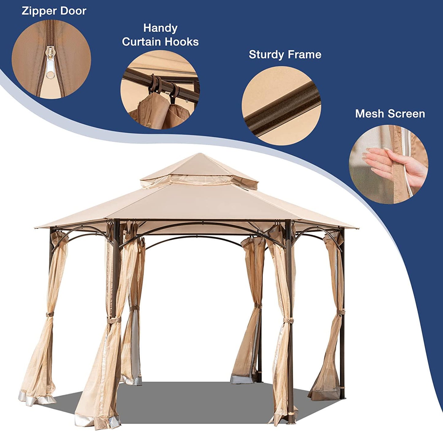 Erinnyees 11'x11' Outdoor Canopy Gazebo, Patio Hexagonal Gazebo with Mosquito Netting, Canopy Tent with Waterproof Double Roof Tops and Steel Frame