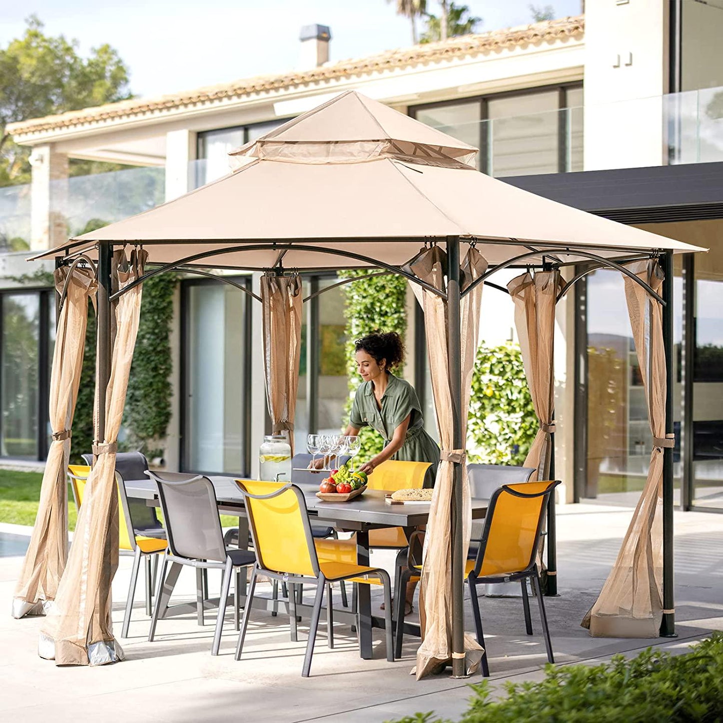 Erinnyees 11'x11' Outdoor Canopy Gazebo, Patio Hexagonal Gazebo with Mosquito Netting, Canopy Tent with Waterproof Double Roof Tops and Steel Frame