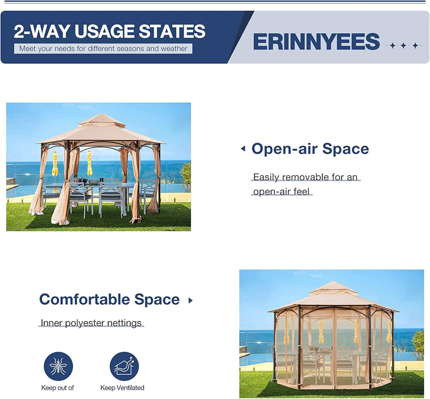 Erinnyees 11'x11' Outdoor Canopy Gazebo, Patio Hexagonal Gazebo with Mosquito Netting, Canopy Tent with Waterproof Double Roof Tops and Steel Frame