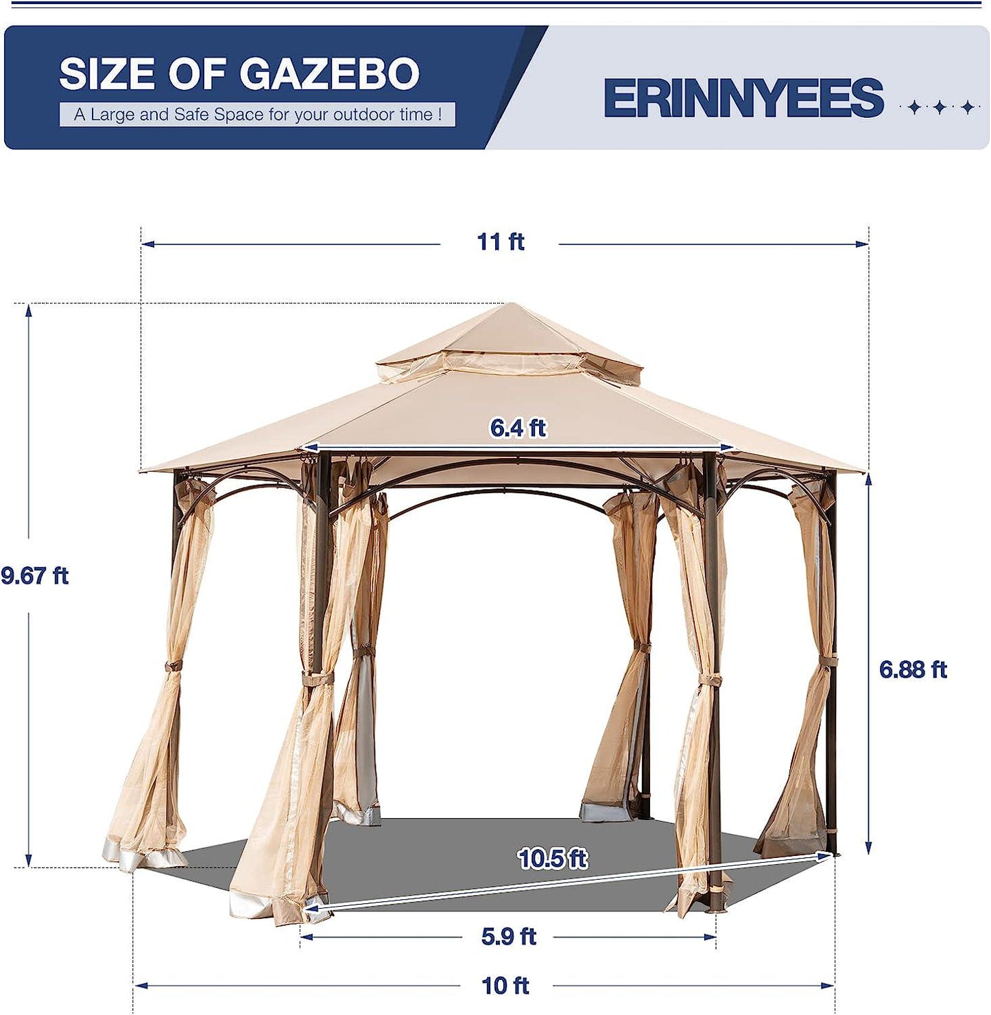 Erinnyees 11'x11' Outdoor Canopy Gazebo, Patio Hexagonal Gazebo with Mosquito Netting, Canopy Tent with Waterproof Double Roof Tops and Steel Frame