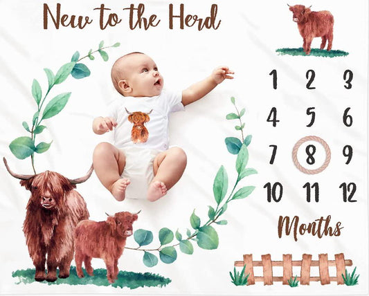 Eunikroko Highland Cow Baby Monthly Milestone Blanket Scotland Photo Prop Blanket with Greenery New to The Herd Cattle Gift Ideas for Newborn Boy Girl Nursery Décor Baby Shower 40 X 50-