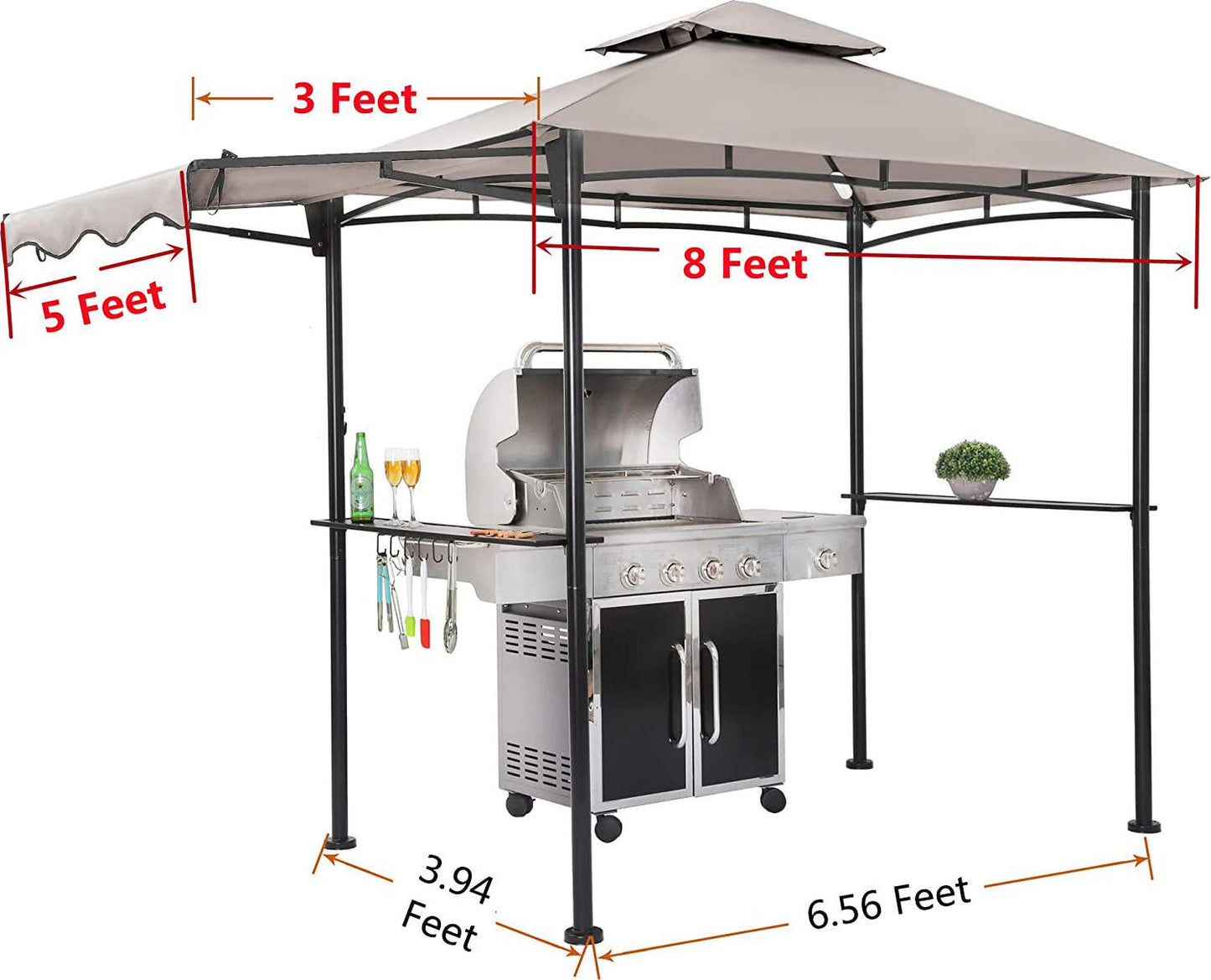 FAB BASED 5x11 Grill Gazebo, Outdoor BBQ Grill Patio Canopy with Extra Shadow and LED Lights, Barbeque Gazebo Canopy (Grey)