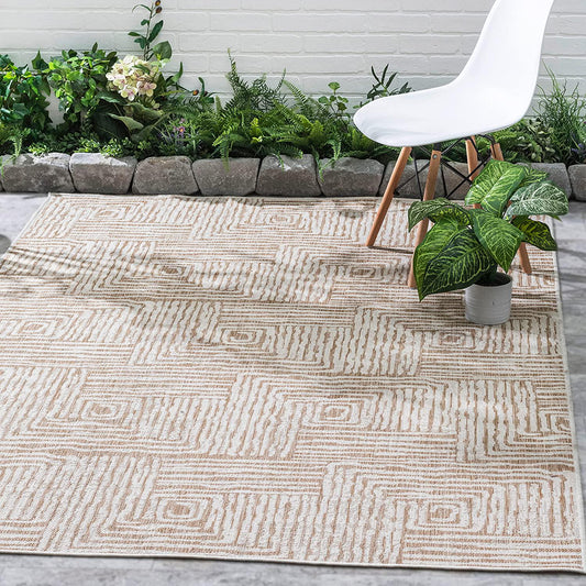 FH Home Flat Woven Outdoor Rug - Waterproof, Easy to Clean, Stain Resistant - Premium Polypropylene Yarn - Modern Geometric - Patio, Porch, Deck, Balcony - Budapest - Beige - 5ft 2in x 7ft 6in-