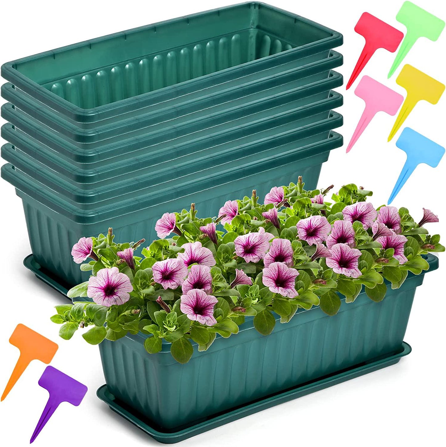 Fasmov 7 Pack 17 Inches Flower Window Box Plastic Vegetable Planters with Trays Vegetables Growing Container Garden Flower Plant Pot with 7 Pcs Plant Labels for Balcony, Patio, Garden, Green-