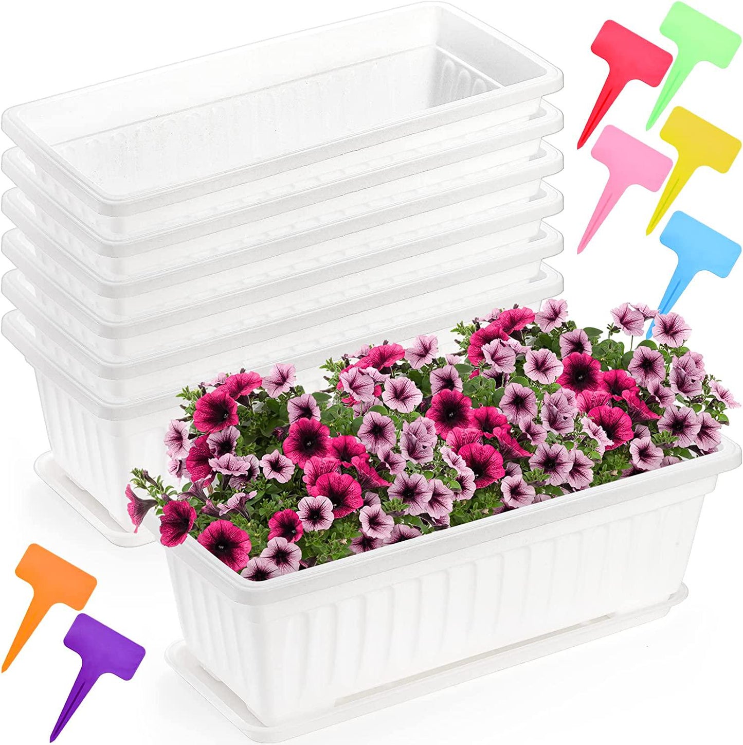 Fasmov 7 Pack 17 Inches White Flower Window Box Plastic Vegetable Planters with Trays Vegetables Growing Container Garden Flower Plant Pot for Balcony, Window Sill, Patio, Garden, White-