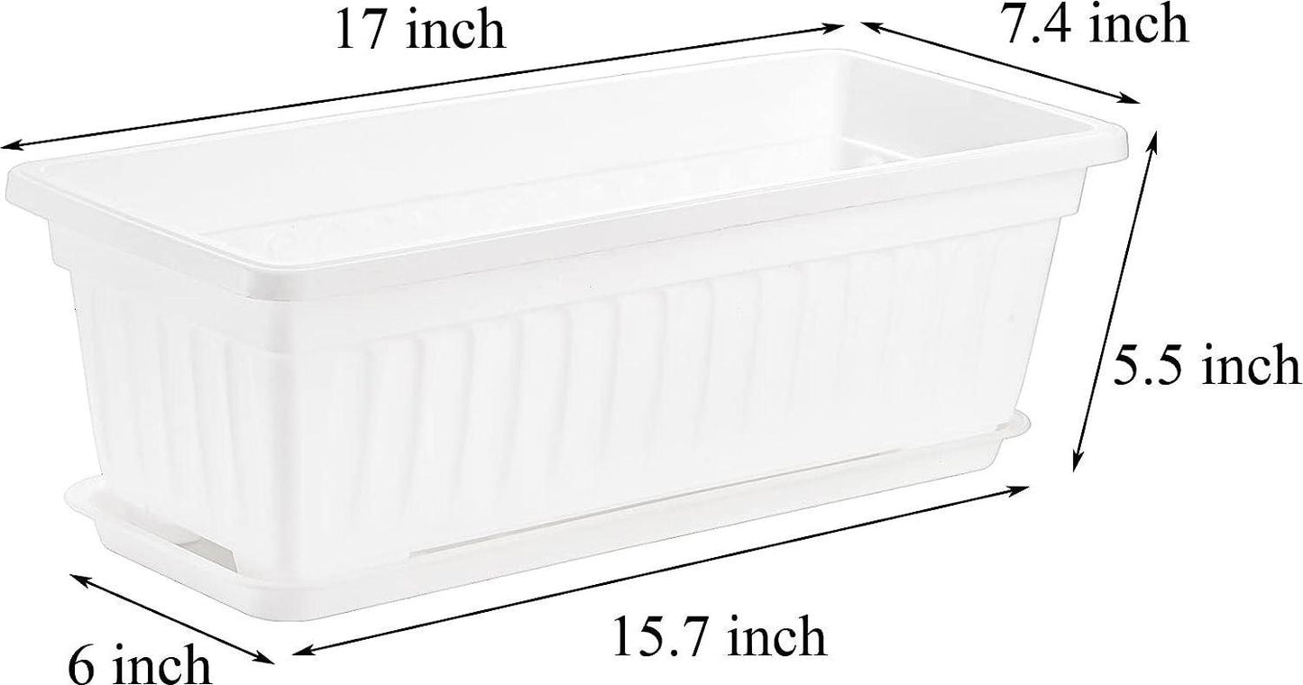 Fasmov 7 Pack 17 Inches White Flower Window Box Plastic Vegetable Planters with Trays Vegetables Growing Container Garden Flower Plant Pot for Balcony
