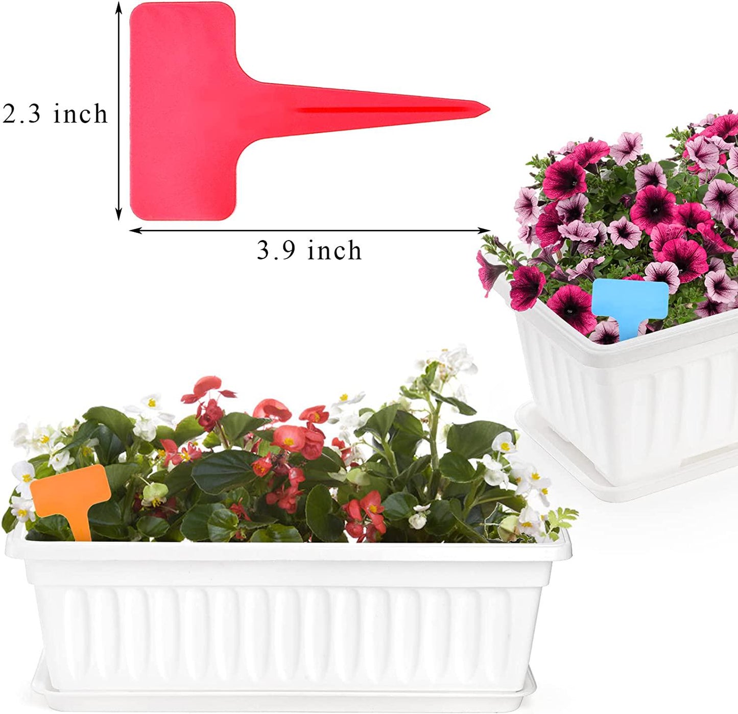 Fasmov 7 Pack 17 Inches White Flower Window Box Plastic Vegetable Planters with Trays Vegetables Growing Container Garden Flower Plant Pot for Balcony