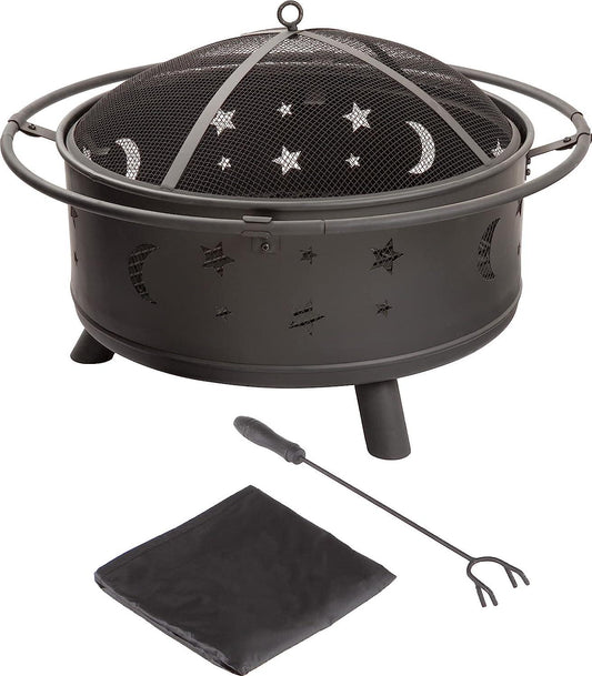 Fire Pit Set, Wood Burning Pit - Includes Screen, Cover and Log Poker- Great for Outdoor and Patio, 30 inch Round Star and Moon Firepit by Pure Garden-