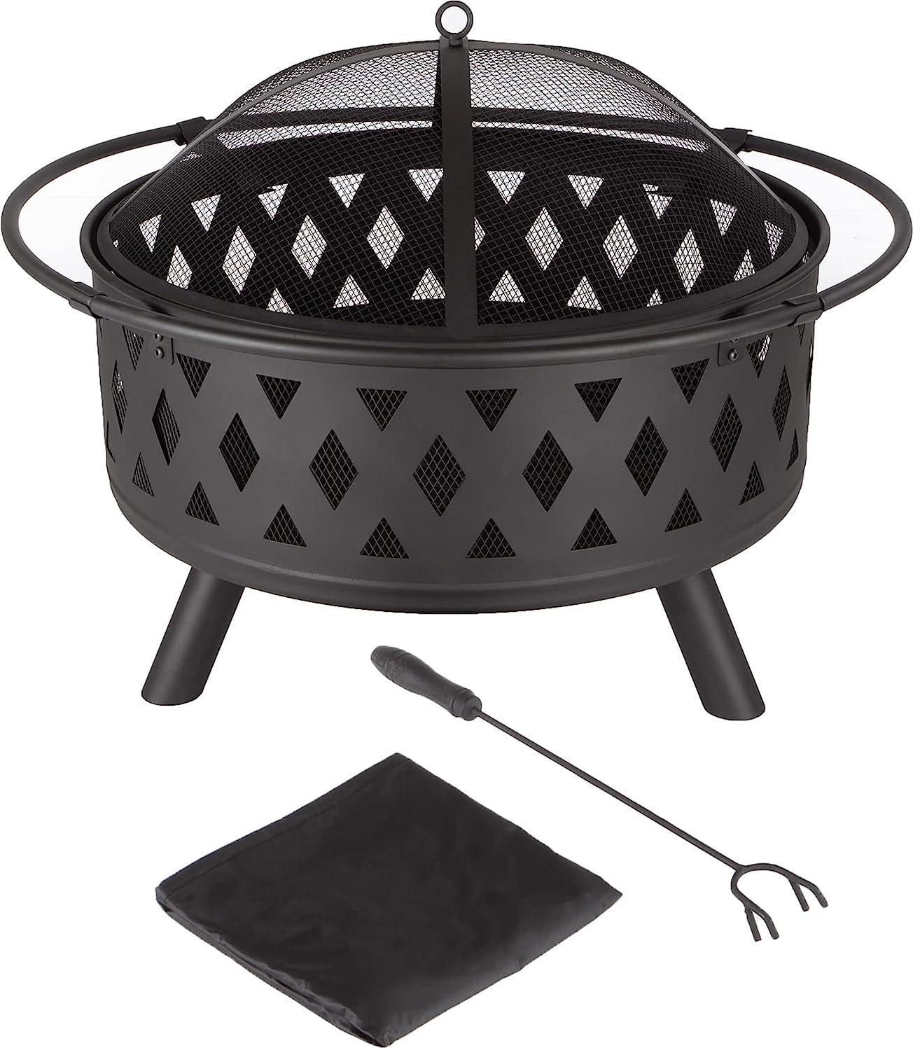 Fire Pit Set, Wood Burning Pit - Includes Screen, Cover and Log Poker - Great for Outdoor and Patio, 32 inch Round Crossweave Firepit by Pure Garden