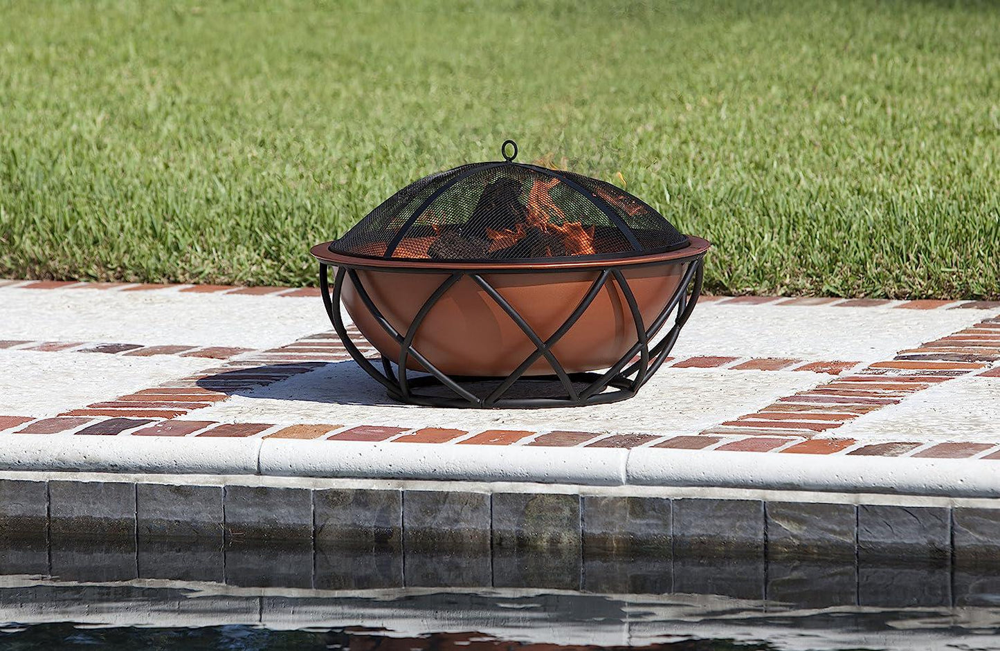 Fire Pit Barzelonia Copper-Look Wood Burning Lightweight Portable Outdoor Firepit Backyard Fireplace Camping Bonfire Included Screen Lift Tool and Cooking Grate - Round - 26