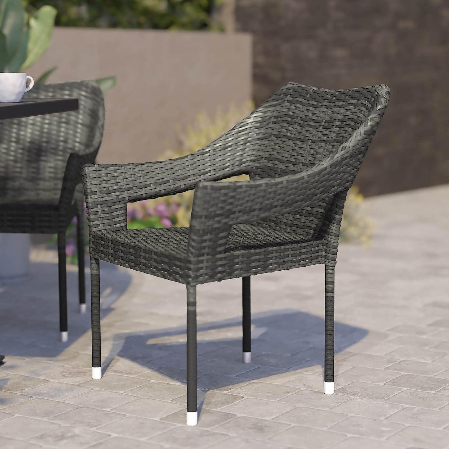 Flash Furniture Ethan Commercial Grade Patio Chair, All Weather PE Rattan Wicker Stacking Patio Dining Chair, Gray