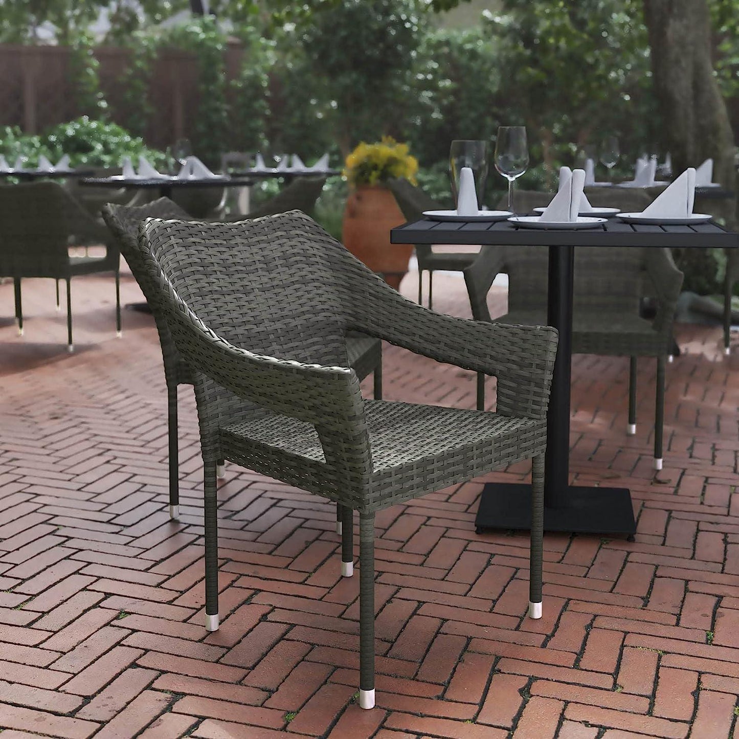 Flash Furniture Ethan Commercial Grade Patio Chair, All Weather PE Rattan Wicker Stacking Patio Dining Chair, Gray