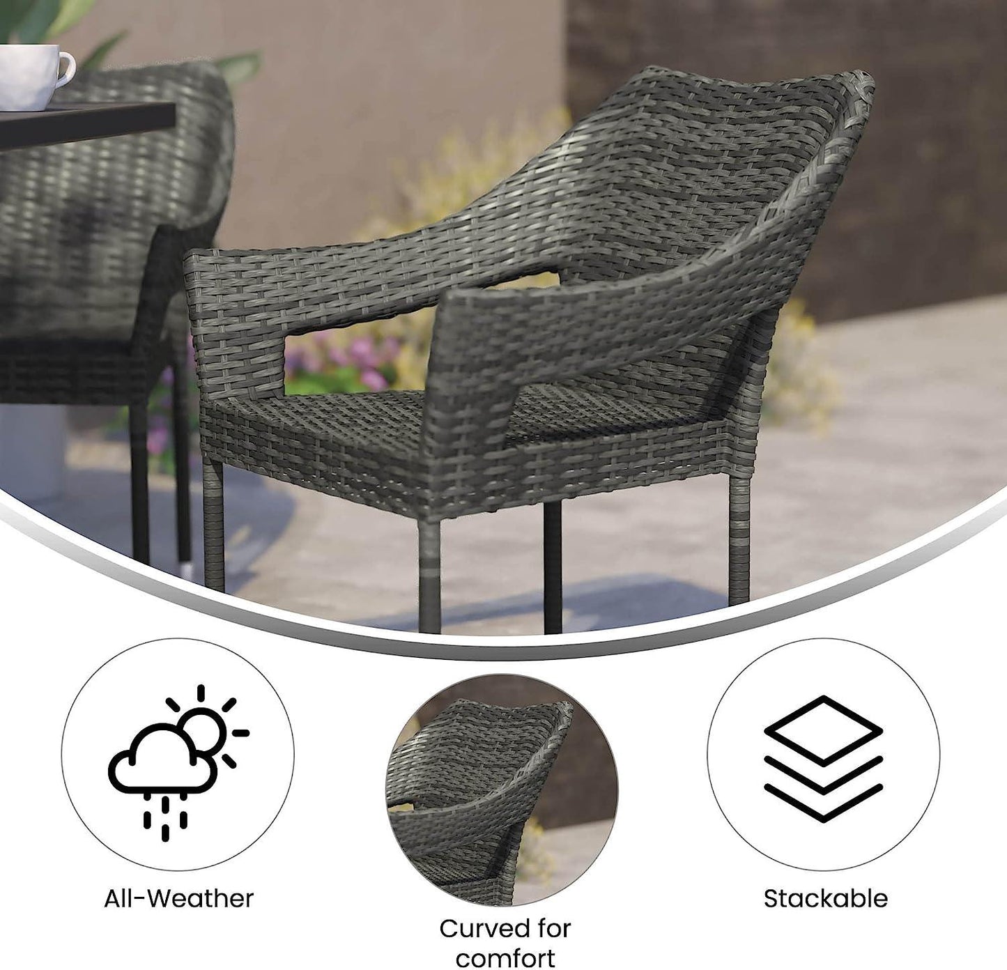 Flash Furniture Ethan Commercial Grade Patio Chair, All Weather PE Rattan Wicker Stacking Patio Dining Chair, Gray