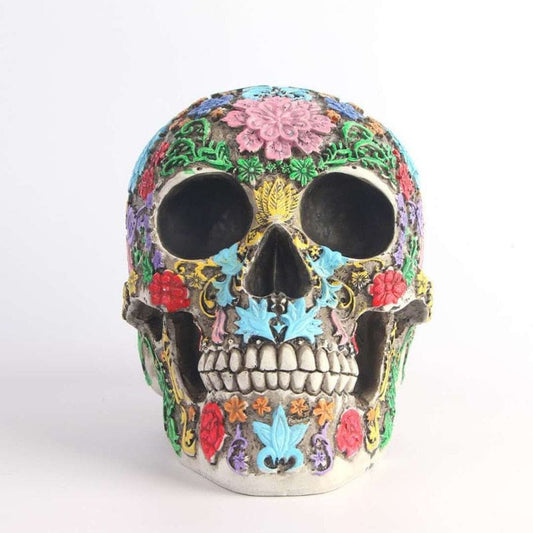 Floral Mexican Human Skull Statue-