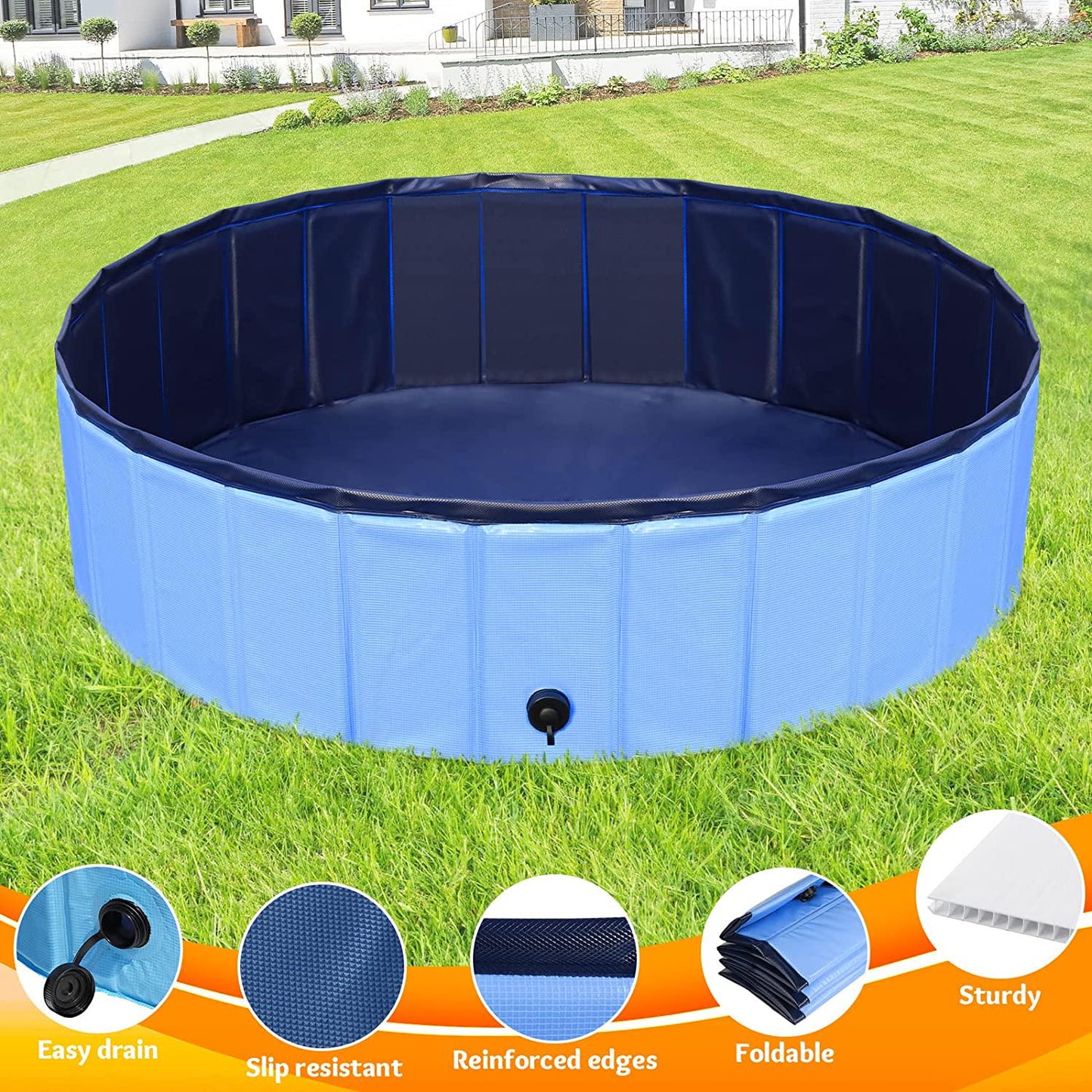 Foldable Dog Pool 63 x12 , Collapsible Hard Plastic Dog Swimming Pool, Portable Bath Tub Kid Pool Plastic Pets Dogs and Cats Outside Swimming Pool