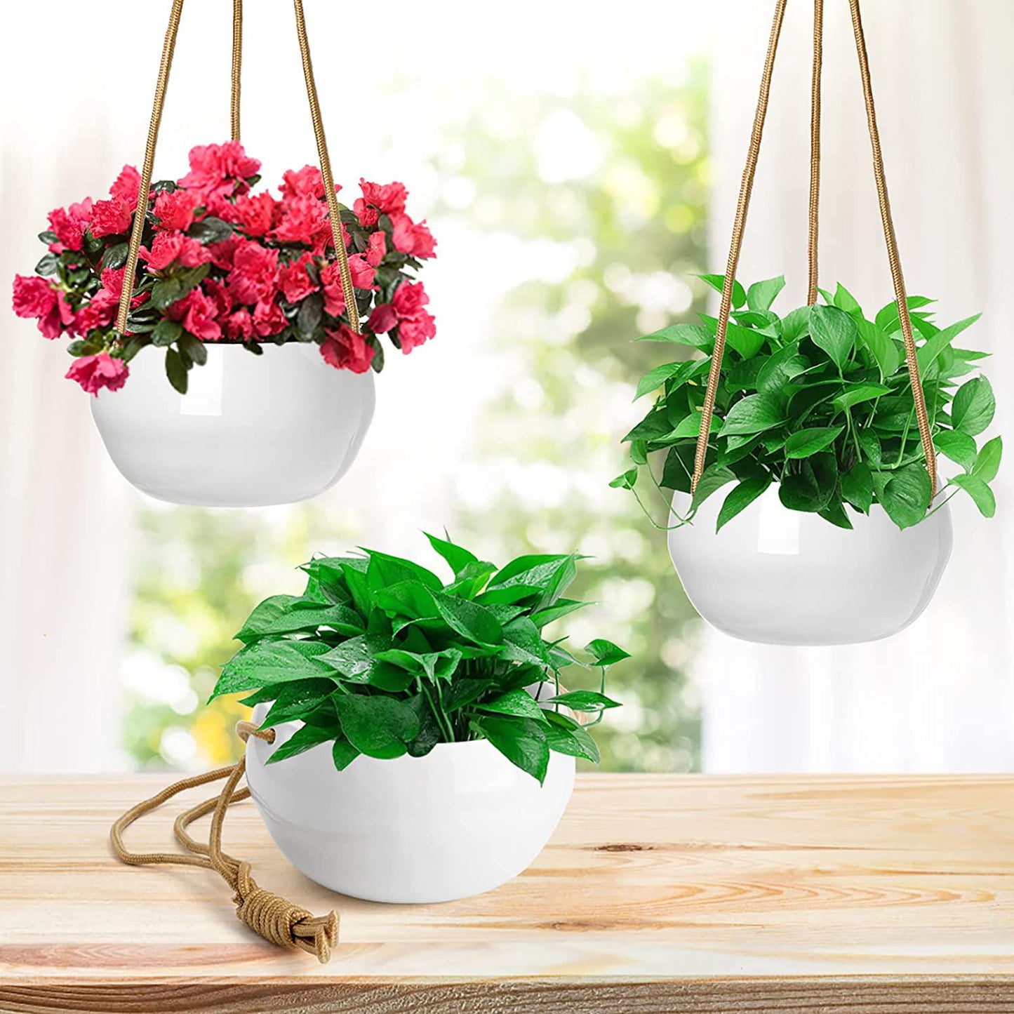 Foraineam Ceramic Hanging Planter Indoor Outdoor Modern Porcelain Wall Hanging Plant Holder White Garden Flower Pot with Polyester Rope Hanger for Ivy Herbs Ferns Crawling Plants