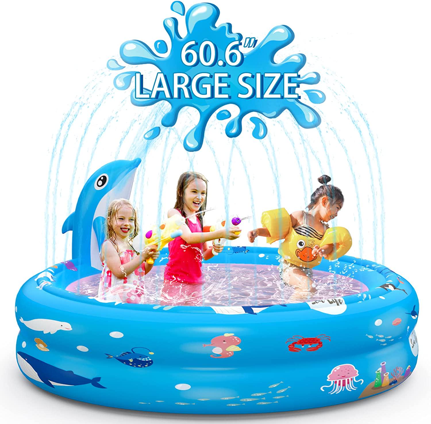 G-TING Inflatable Swimming Pool, 2 in 1 Kids Pool with Dolphin Sprinkler for Backyard, Blow up Kiddie Pool for Kids Toddlers 1-3 Ages 3+, Summer Outdoor Water Fun-