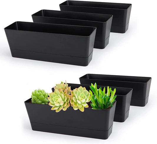 GREANER 6 Pack Herb Planters, 12x3.8 Inch Black Rectangle Window Boxes with Tray, Indoor Succulent Cactus Mint Plastic Pot for Windowsill, Balcony, Office, Outdoor Garden-
