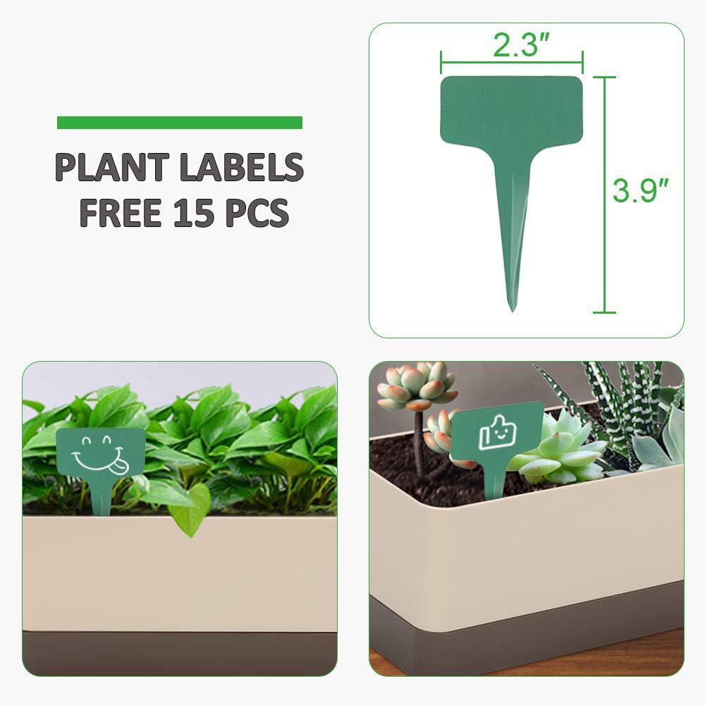 GROWNEER 3 Packs 12 Inches Window Boxes Rectangle Planter with 15 Pcs Plant Labels, Plastic Flower Pots Plant Containers with Saucer (Beige)