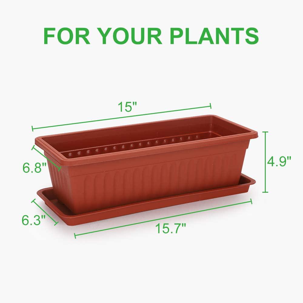 GROWNEER 3 Packs 15 Inches Terracotta Color Flower Window Box Plastic Vegetable Planters with 15 Pcs Plant Labels, for Windowsill, Patio, Garden, Home Décor, Porch