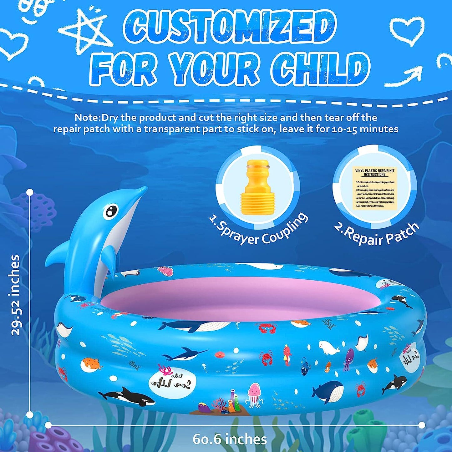 G-TING Inflatable Swimming Pool, 2 in 1 Kids Pool with Dolphin Sprinkler for Backyard, Blow up Kiddie Pool for Kids Toddlers 1-3 Ages 3+, Summer Outdoor Water Fun