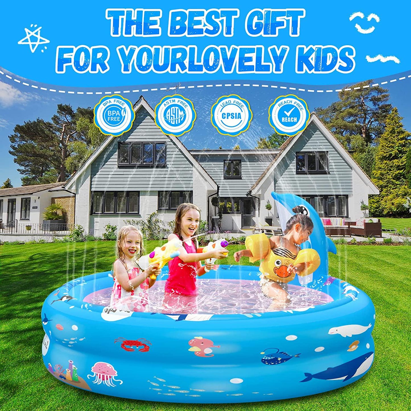 G-TING Inflatable Swimming Pool, 2 in 1 Kids Pool with Dolphin Sprinkler for Backyard, Blow up Kiddie Pool for Kids Toddlers 1-3 Ages 3+, Summer Outdoor Water Fun