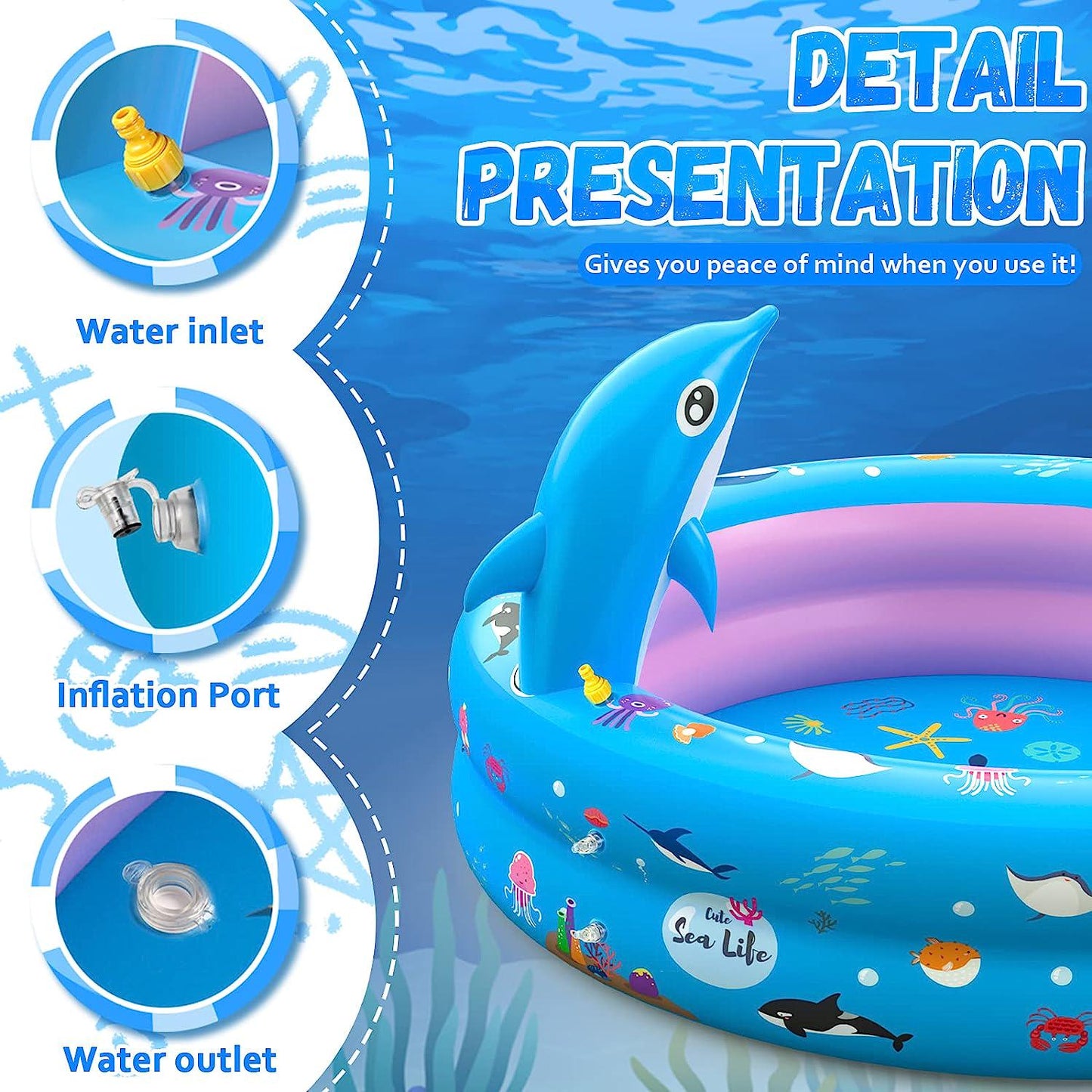 G-TING Inflatable Swimming Pool, 2 in 1 Kids Pool with Dolphin Sprinkler for Backyard, Blow up Kiddie Pool for Kids Toddlers 1-3 Ages 3+, Summer Outdoor Water Fun