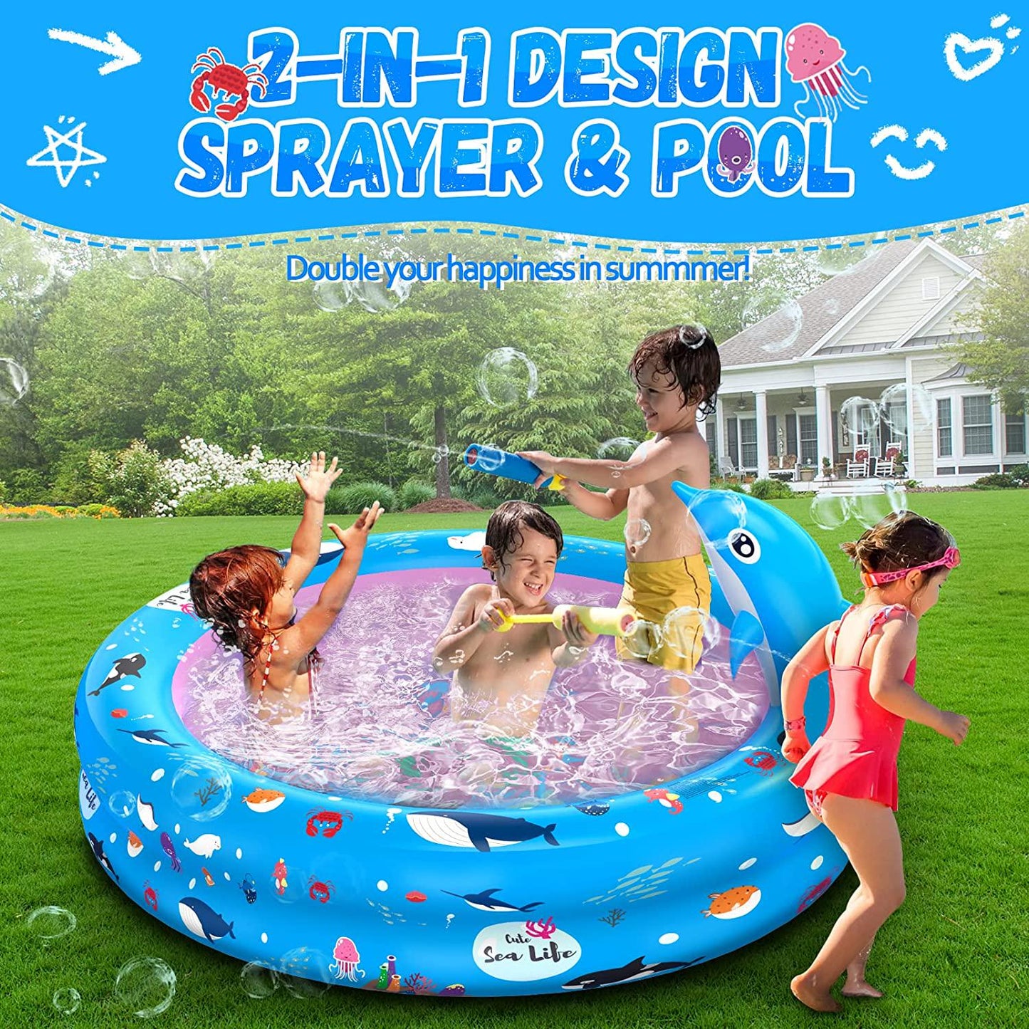 G-TING Inflatable Swimming Pool, 2 in 1 Kids Pool with Dolphin Sprinkler for Backyard, Blow up Kiddie Pool for Kids Toddlers 1-3 Ages 3+, Summer Outdoor Water Fun