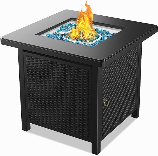Gas Fire Pit Patio Furniture Table Propane Firepit, 28Inch Steel Tabletop Fire Pit with Cover Lid, Blue Glass Stone, 50,000BTU, Black-