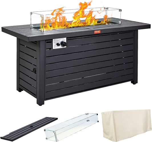 Gas Fire Pit Table, 54 In 50000 BTU, Propane Outdoor Wicker Patio fire Pits with Carbon Steel Tabletop, Lava Rock, Glass Wind Guard, Cover, Add Warmth to Gathering on Garden Backyard, CSA Listed-
