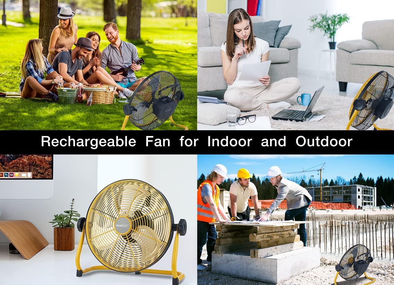 12 Inch Battery Operated Camping Floor Fan, Rechargeable Powered High Velocity Fan with Metal Blade