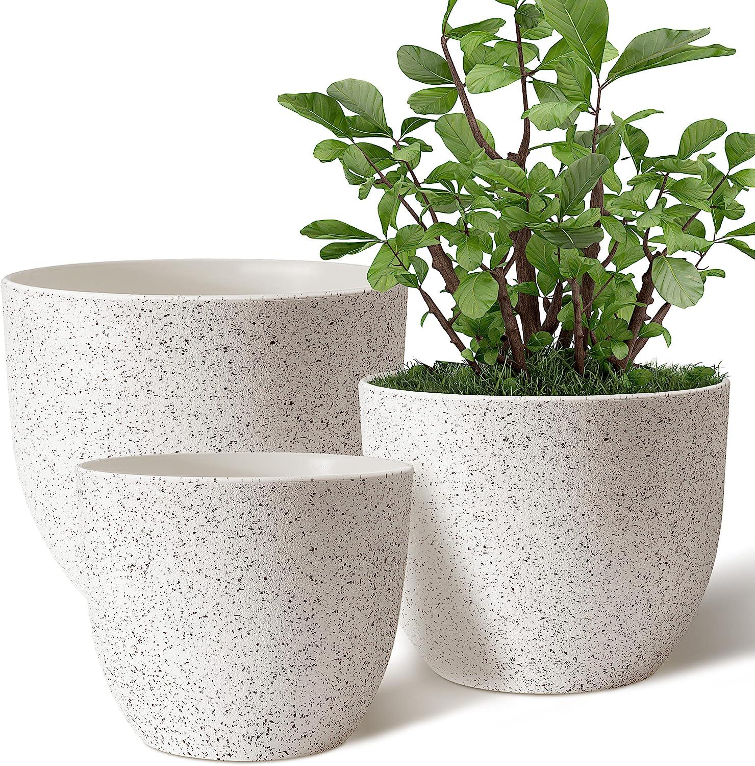 Giraffe Creation Plant Pots 10/9/8 inch Set of 3, Flower Pots Outdoor Indoor, Planters with Drainage Hole, Speckled White-