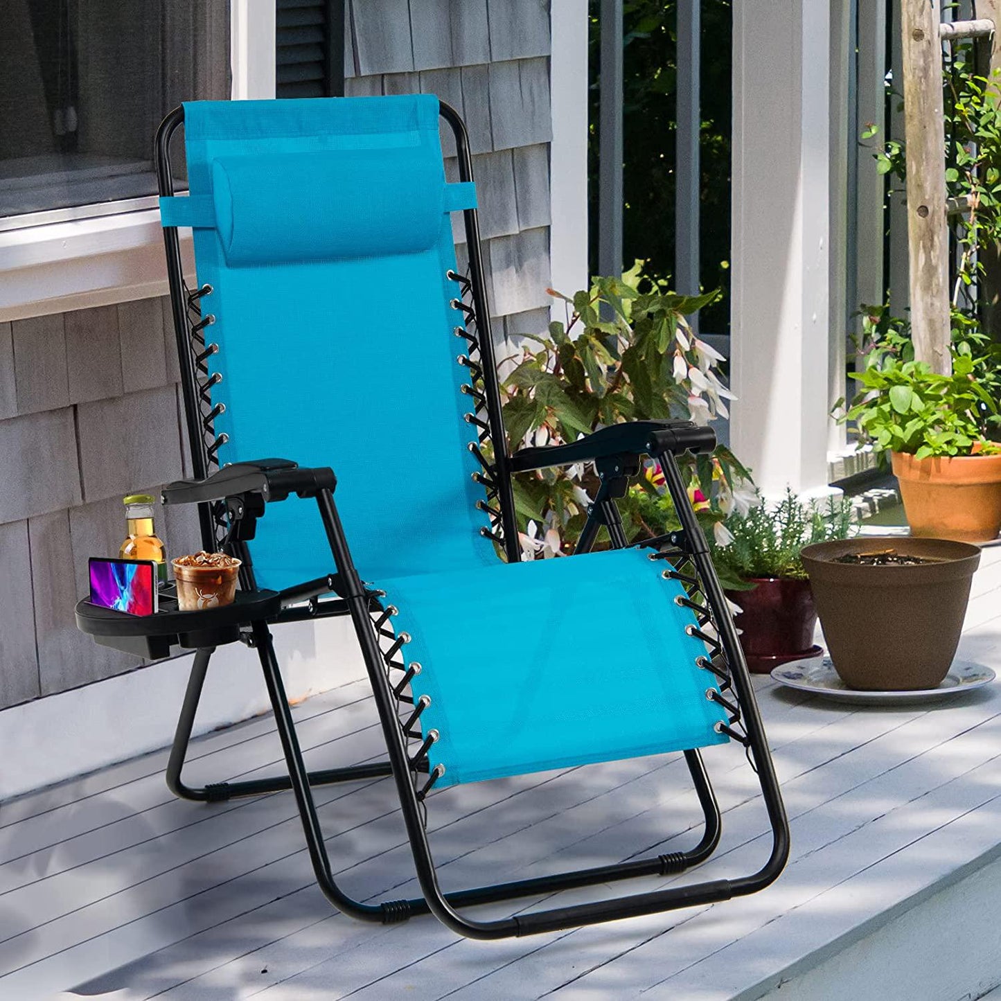Zero Gravity Chair, Adjustable Folding Reclining Lounge Chair with Pillow and Cup Holder, Patio Lawn Recliner for Outdoor Pool Camp Yard (Set of 2, Light Blue)