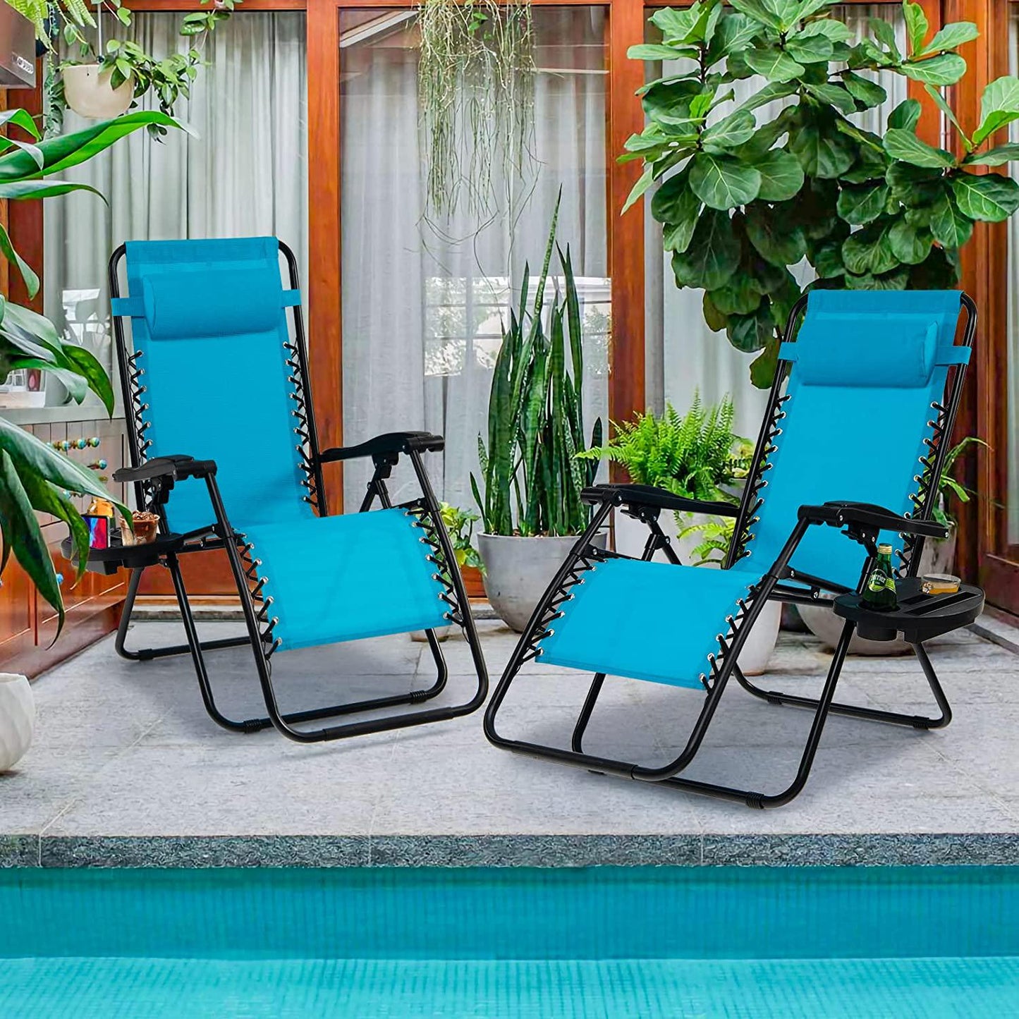 Zero Gravity Chair, Adjustable Folding Reclining Lounge Chair with Pillow and Cup Holder, Patio Lawn Recliner for Outdoor Pool Camp Yard (Set of 2, Light Blue)