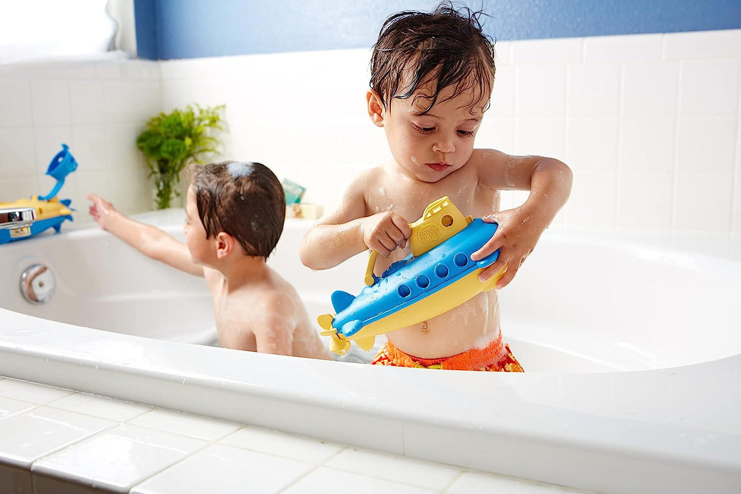 Submarine in Yellow and blue - BPA Free, Phthalate Free, Bath Toy with Spinning Rear Propeller. Safe Toys for Toddlers, Babies