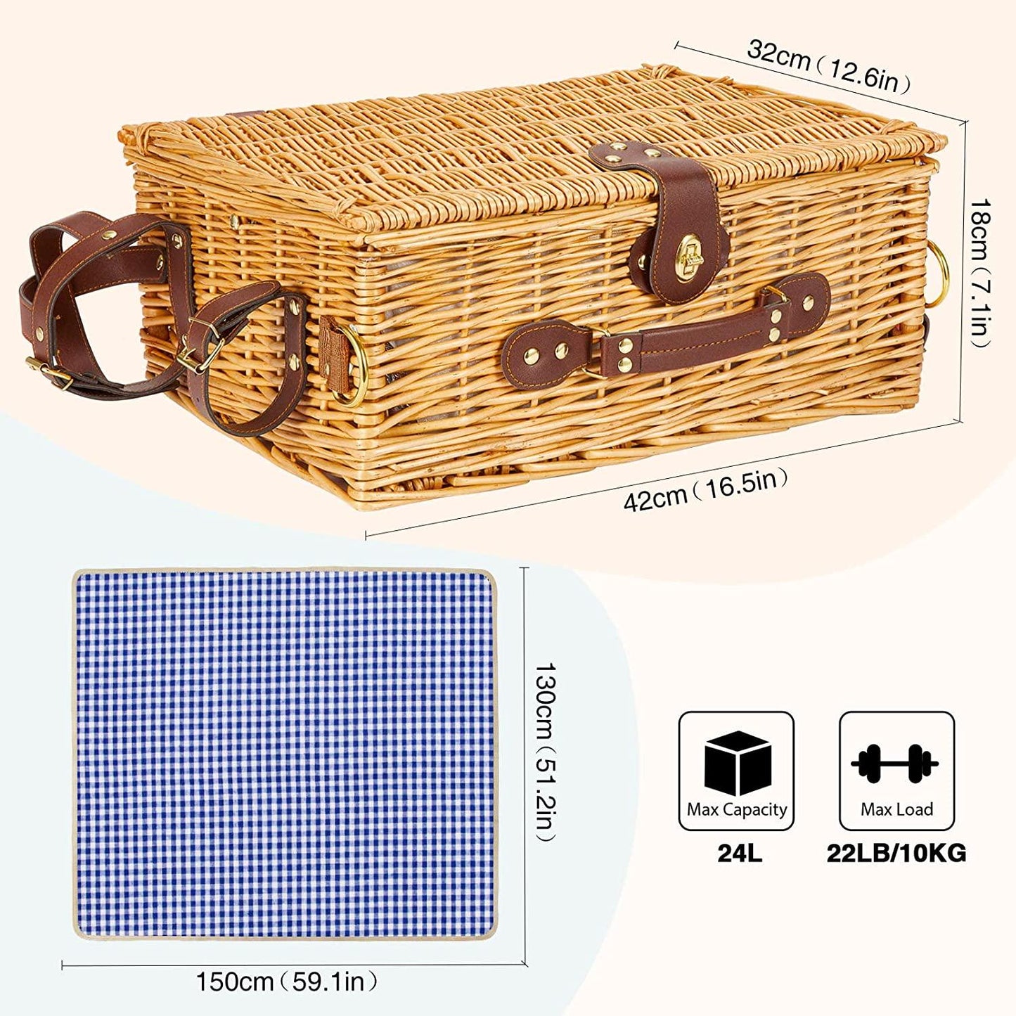Greenstell Wicker Picnic Basket Sets for 4 Persons with High Sealing Insulation Layer,Waterproof Picnic Mat, Removable Strap and Wine Bag