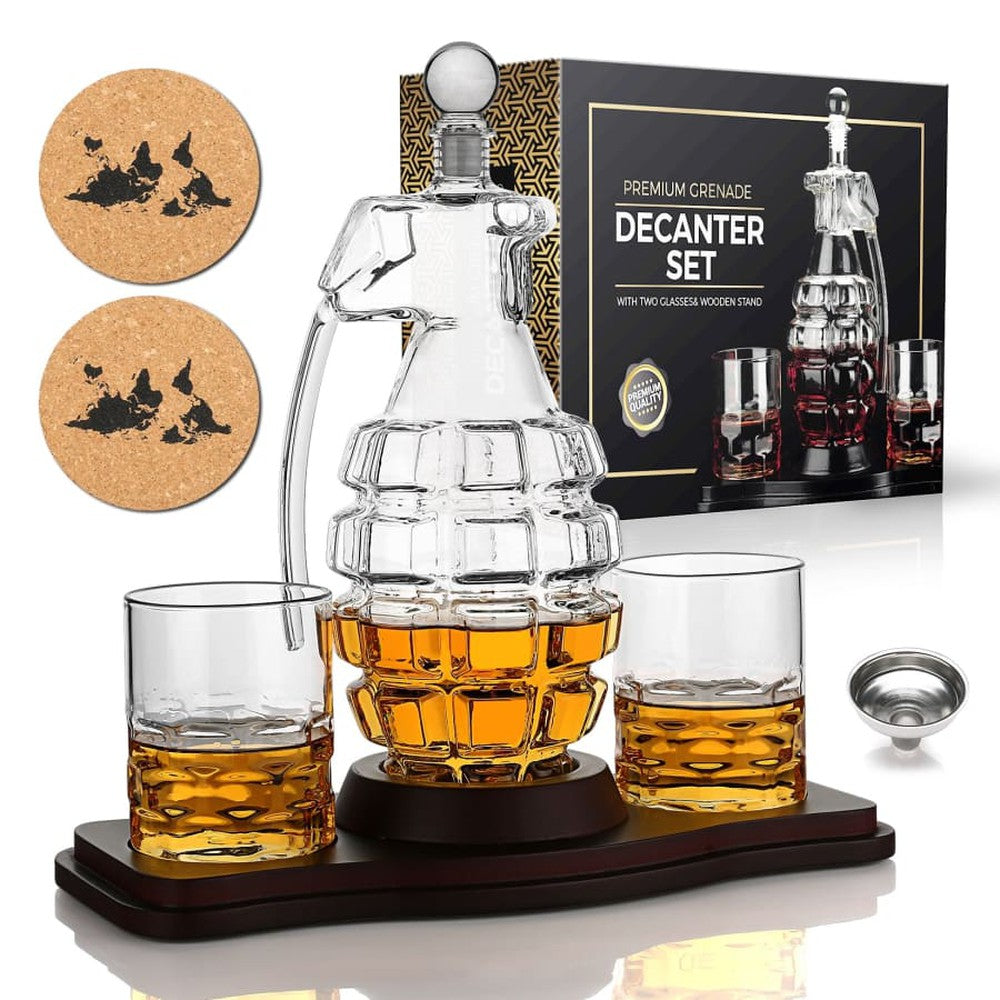 Grenade Whiskey Decanter Set with Wooden Holder-