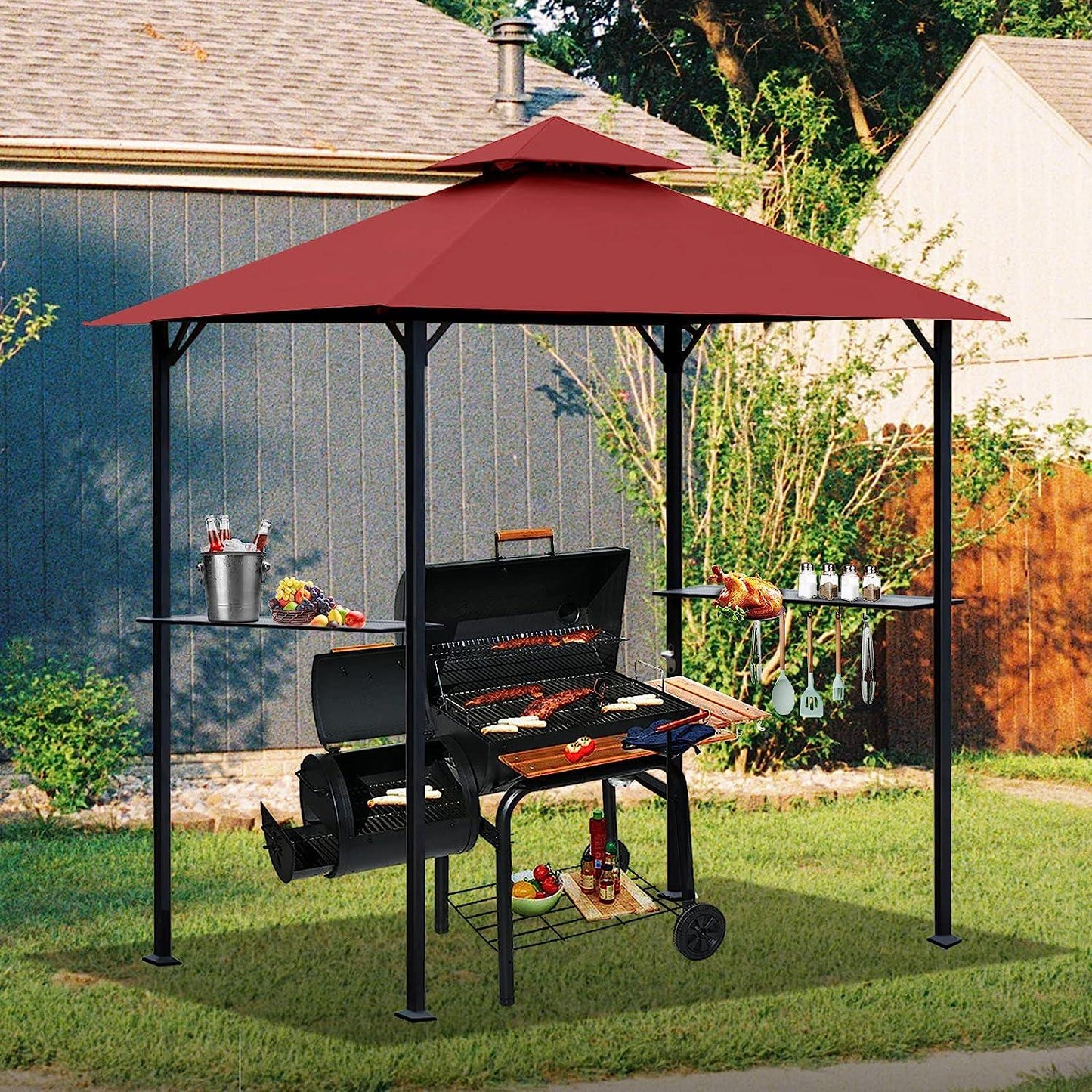 Grill Gazebo Replacement 5' x 8' Canopy Roof, Outdoor BBQ Gazebo Canopy Top Cover, Double Tired Grill Shelter Cover with Durable Polyester Fabric, Burgundy