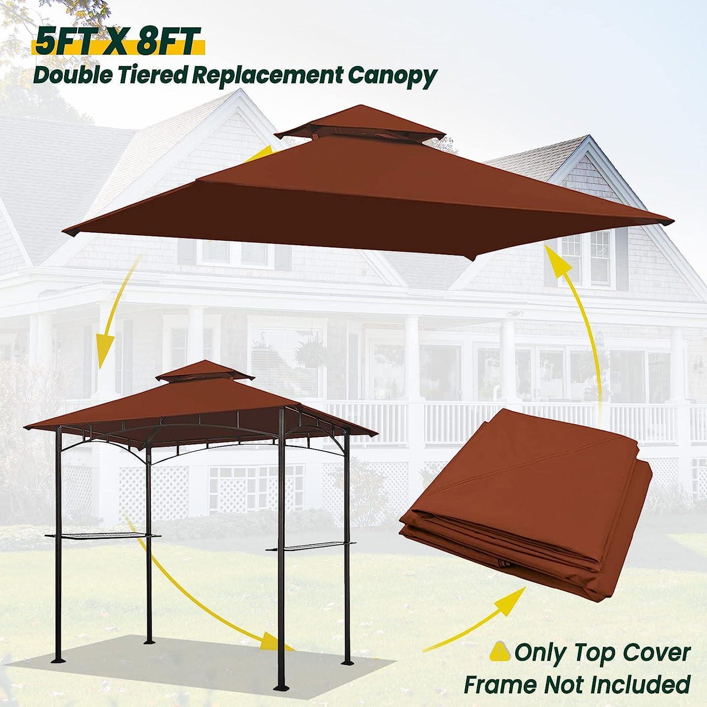 Grill Gazebo Replacement 5' x 8' Canopy Roof, Outdoor BBQ Gazebo Canopy Top Cover, Double Tired Grill Shelter Cover with Durable Polyester Fabric, Burgundy