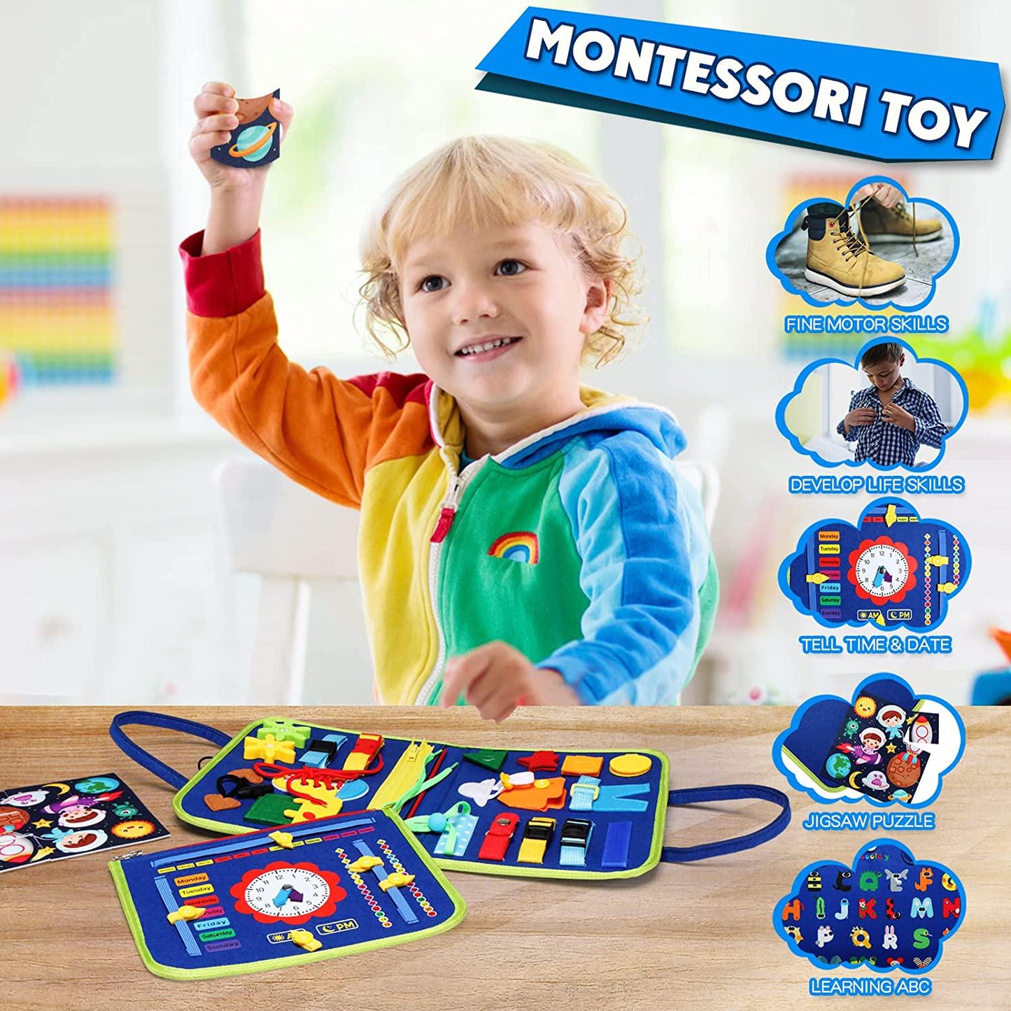 Busy Board Montessori Toy for 1 2 3 4 Year Old Toddlers - Educational Activity Developing Sensory Board for Fine Basic Dress Motor Skills